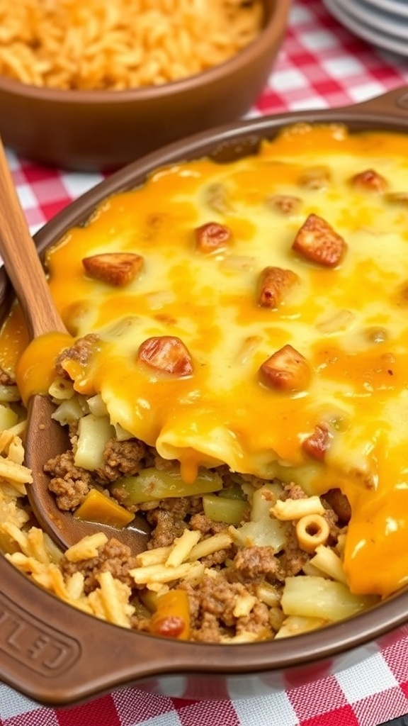 A hearty Cabbage Roll Casserole with layers of cabbage, ground beef, and rice, topped with melted cheese, in a rustic dish.